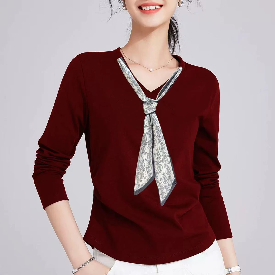 丝巾款常规型秋季V领洋气纯欲风T恤抗皱网红轻奢长袖丝巾
