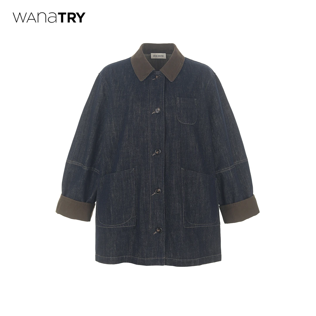 【自播专享】wana try深蓝色复古撞色翻领牛仔外套