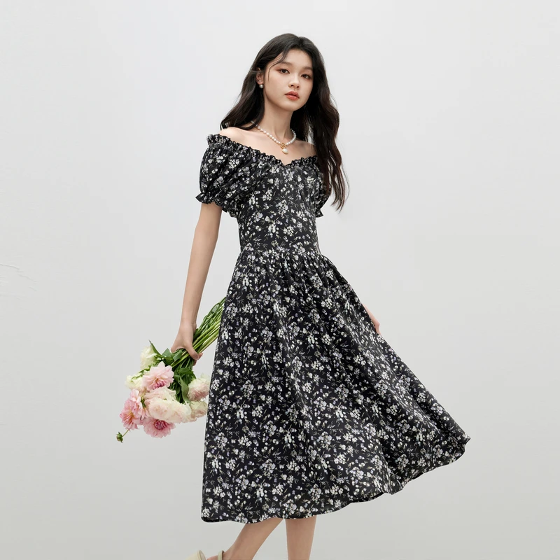 秋水伊人优雅雪纺碎花裙2025年夏季新款女V领连衣裙625252M020634