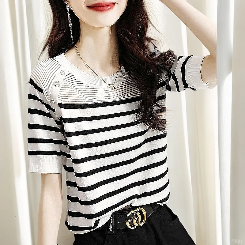 时尚舒适休闲2025夏季撞色条纹设计感慵懒风针织衫女洋气显瘦上衣