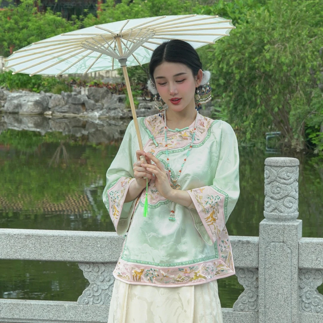 [梦屿] 桑蚕丝重工刺绣小衫新中式国风宽松真丝上衣