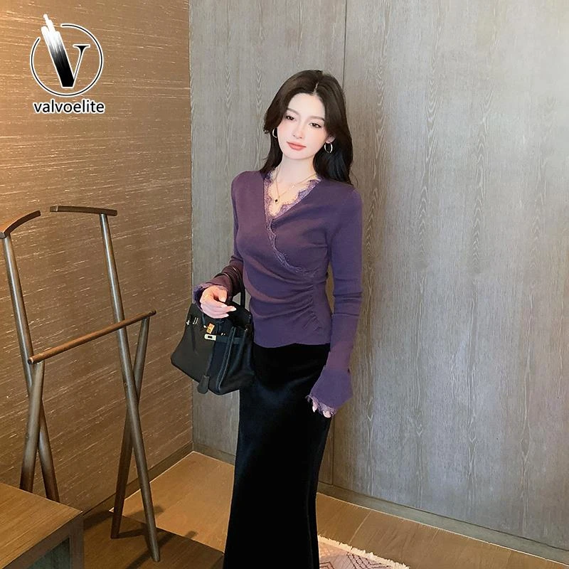 VALVOELITE高级感紫色领蕾丝边打底衫上衣女士春季内搭修身针织衫