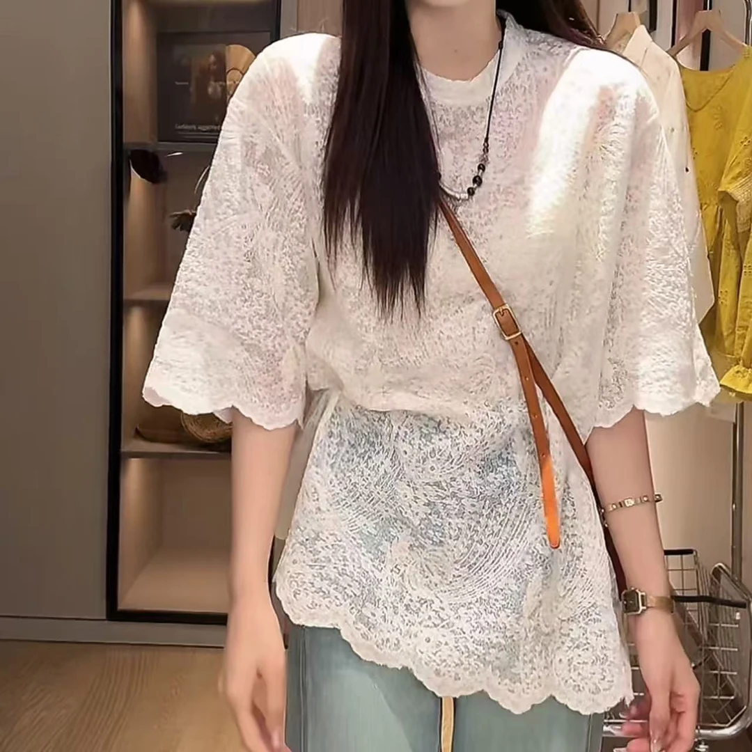 蕾丝刺绣压花短袖t恤女2025夏季中长款微透宽松14666