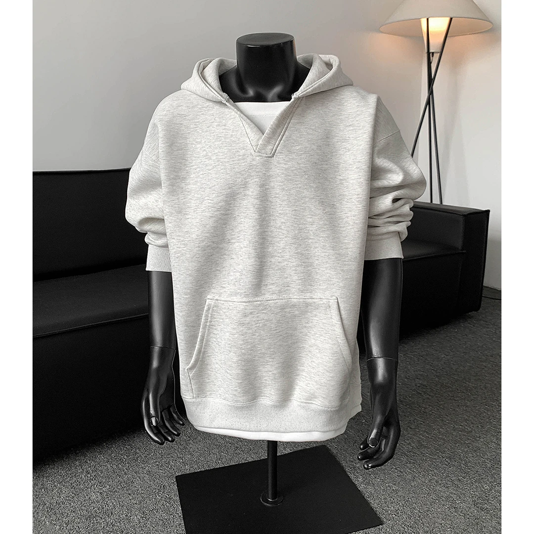 假两件拼接V领重磅连帽纯色卫衣男高级感潮牌ins休闲长袖上衣外套