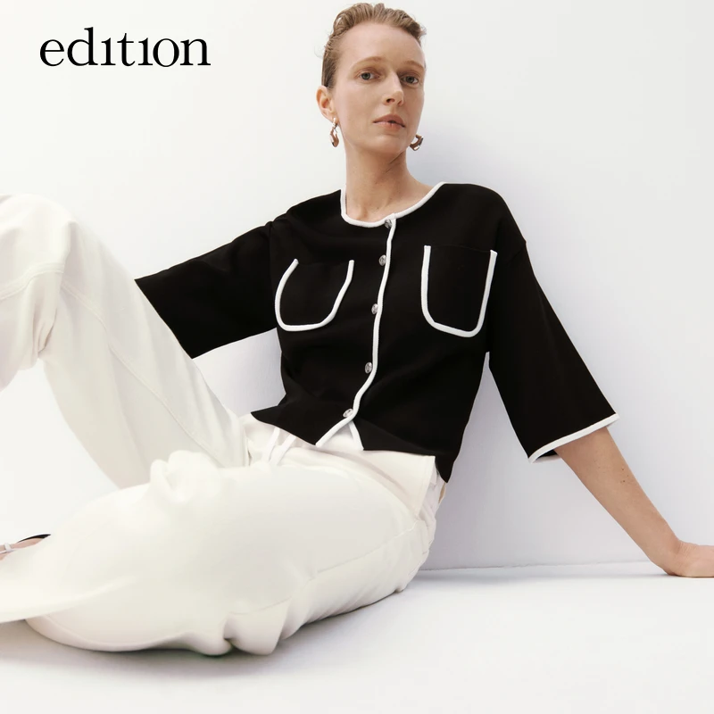 【达人专属】edition针织开衫女小香风撞色边宽袖上衣#EBC3CART17