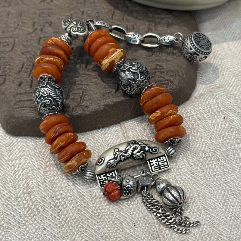 敦煌飞天 925银手链 s09703蜜饼子龙珠凤珠龙凤双喜锁红瓜珠手链