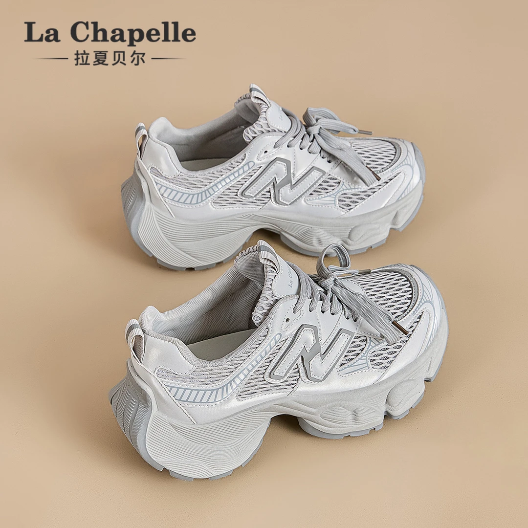 拉夏贝尔厚底老爹鞋女2025冬季新款网面透气轻便百搭运动休闲鞋子