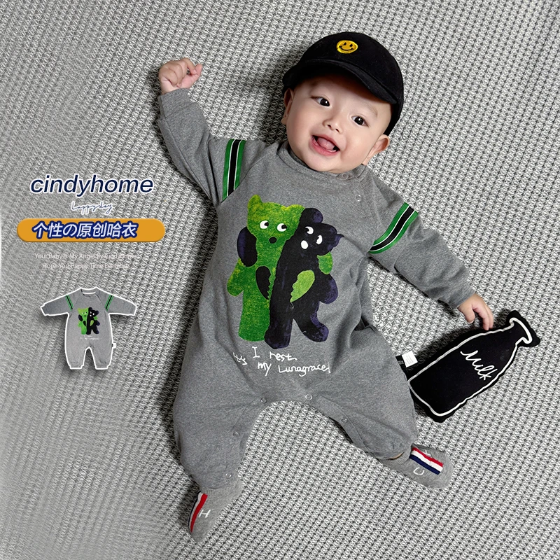 新款可爱卡通小熊婴儿连体衣春秋款宝宝长袖哈衣爬服