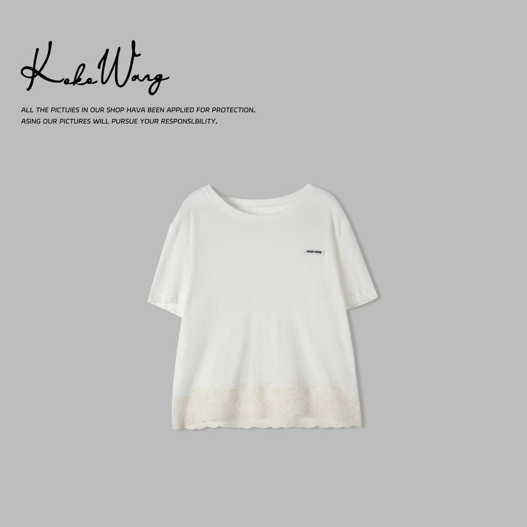 KOKOWANG 简约前字母下摆蕾丝拼接百搭显瘦短袖T恤 N5705E05T43