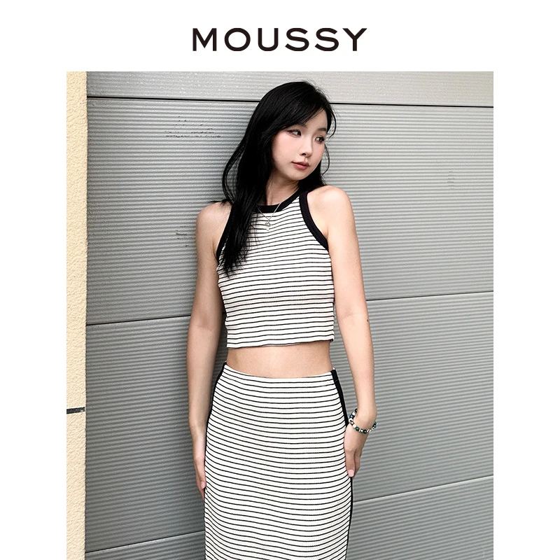 MOUSSY 2024秋季新品休闲条纹针织背心半身裙两件套010HSA80-0610