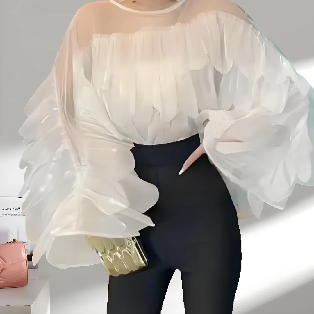 法式时尚荷叶边雪纺衬衫女新款设计感小众气质长袖上衣洋气休闲装