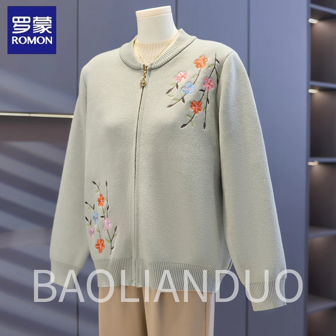 罗蒙妈妈秋装刺绣针织外套中年女装夹克上衣服中老年春秋气质开衫