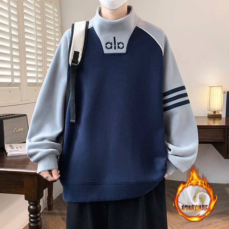 秋冬新款加绒加厚半高领拼色卫衣潮牌个字母设计宽松百搭男生上衣
