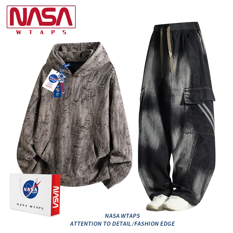 NASA WTAPS休闲运动套装男春秋季潮牌宽松扎染破洞连帽设计感卫衣