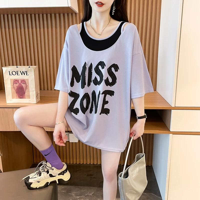 夏季新款假两件镂空短袖T恤女新款韩版宽松中长款时尚百搭上衣ins