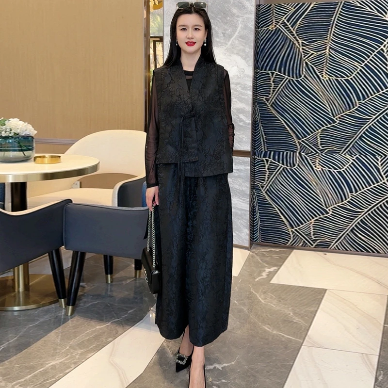 731欧货春夏款真丝提花国风马甲+高腰阔腿裤宽松大码两件套装105