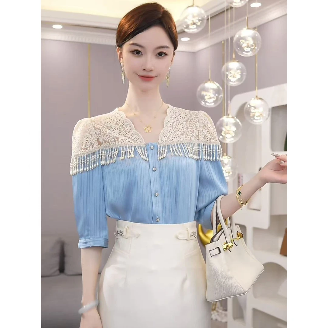 唐熹2025夏季新款【LT-1051】小众气质V领蕾丝拼接蓝色短袖衬衫上衣