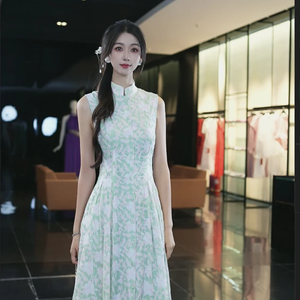 GIRDEAR/哥弟清雅新中式小立领机理印花无袖连衣裙女洋装1500535