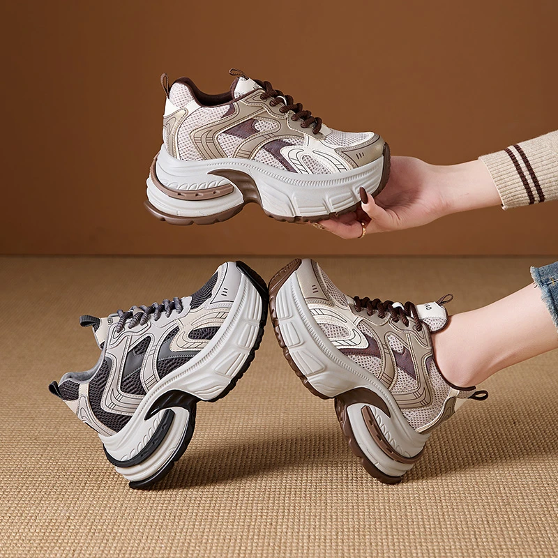 艾格鸟增高9cm网面老爹鞋女2025春新款厚底松糕运动鞋内增高女鞋