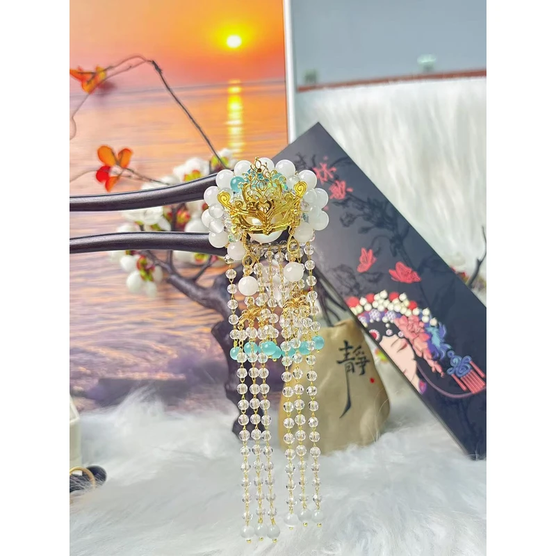 炑歌T5原创双钗白色刀马旦流苏百搭款15公分发簪