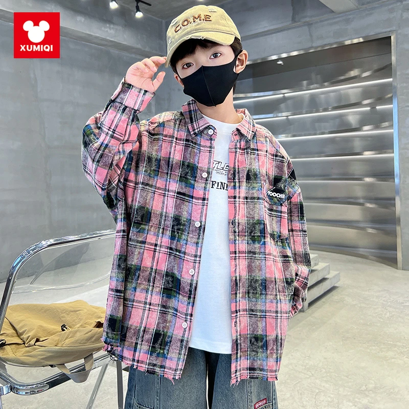 男童格子衬衫长袖春秋2025新款潮儿童春装衬衣帅气时髦大男孩上衣