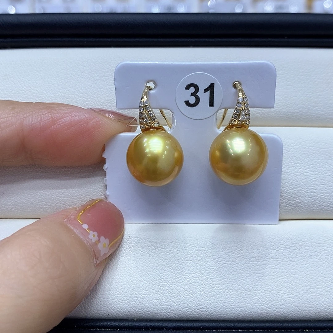 18K金镶嵌海水珍珠耳饰12到13点位浓茶金珠