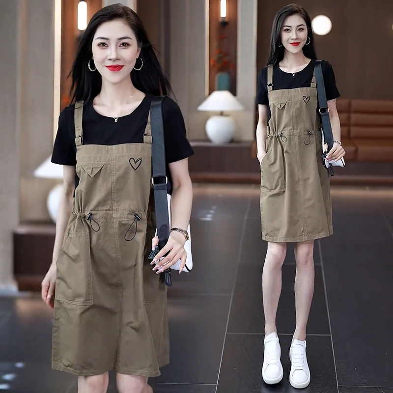 纯棉小个子收腰显瘦连衣裙女2025年夏季新款大码宽松假两件背带裙