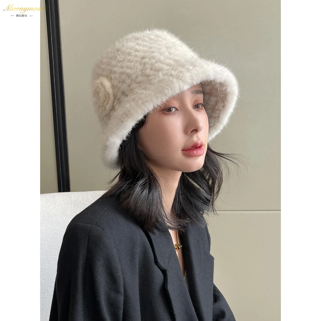 默尼密司品牌冬季百搭水貂毛编织皮草帽子女士韩版时尚裘皮盆帽