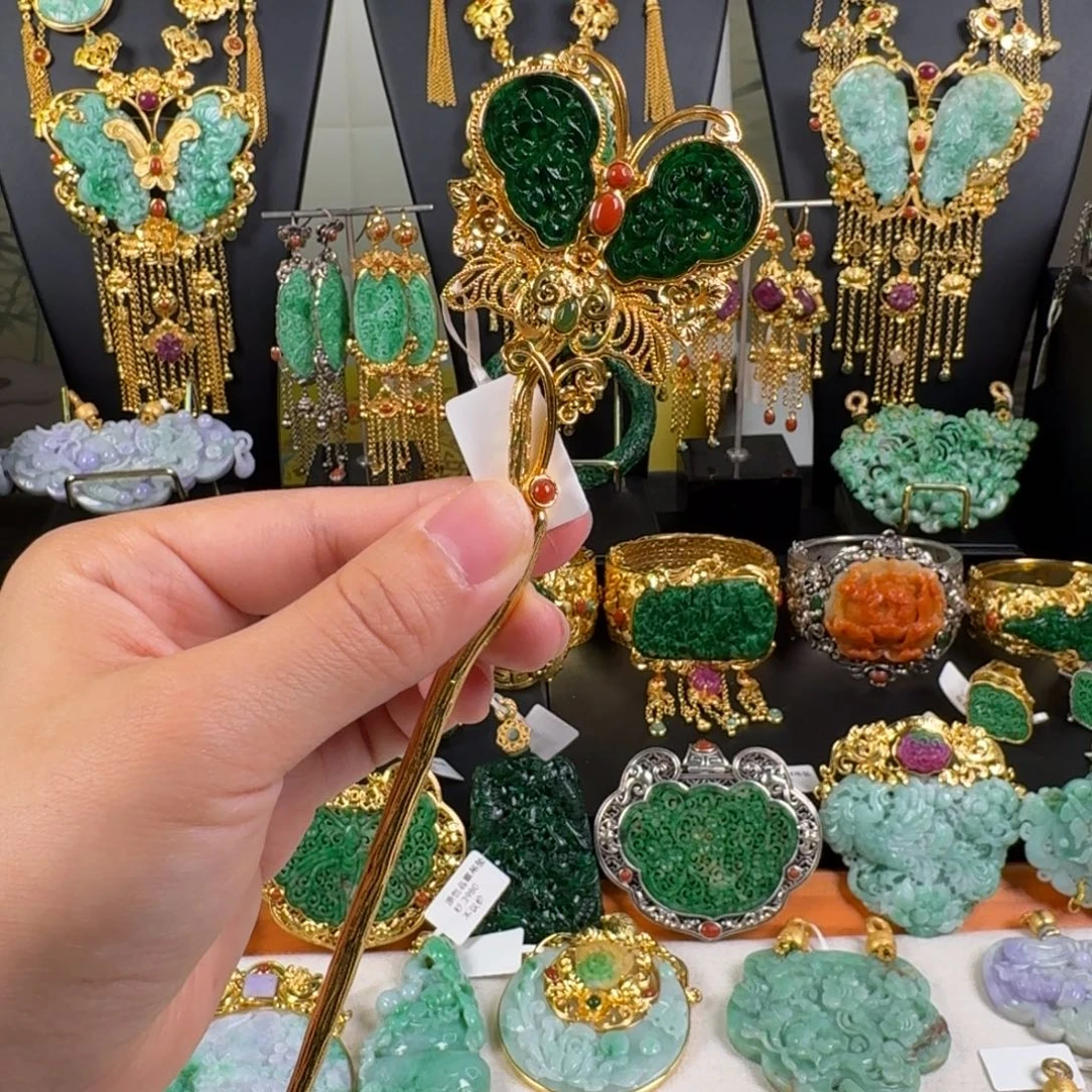 翡翠银S925镀金镶嵌颈饰花青发簪