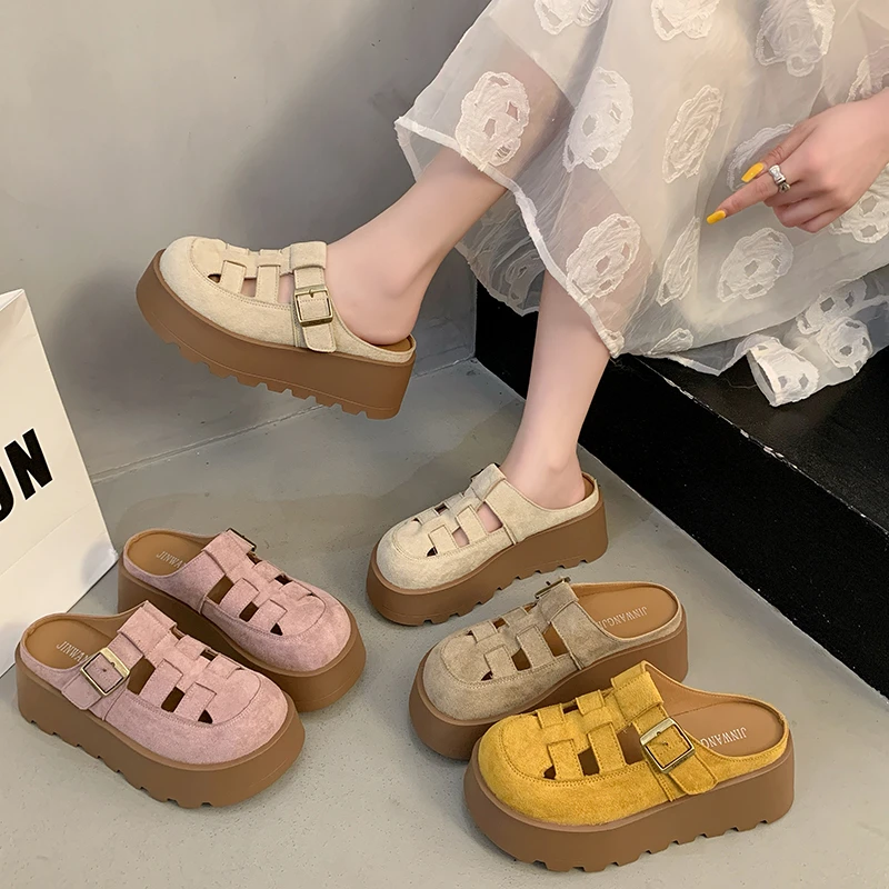 6cm厚底包头半拖鞋女外穿2025春夏新款时尚镂空一脚蹬罗马凉拖鞋