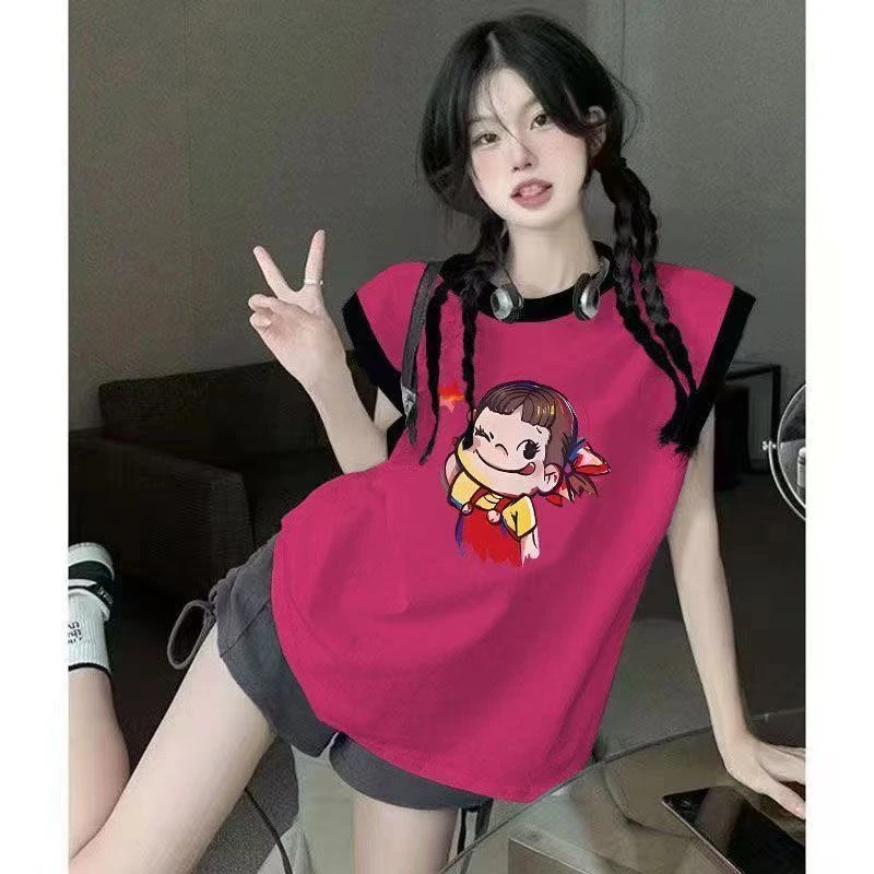 100%纯棉新款2025夏季原创辣妹玫红色无袖拼接短袖背心t恤女上衣