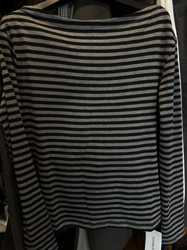 百搭常规条纹长袖通勤长T拼接打底衫针织中长款高领