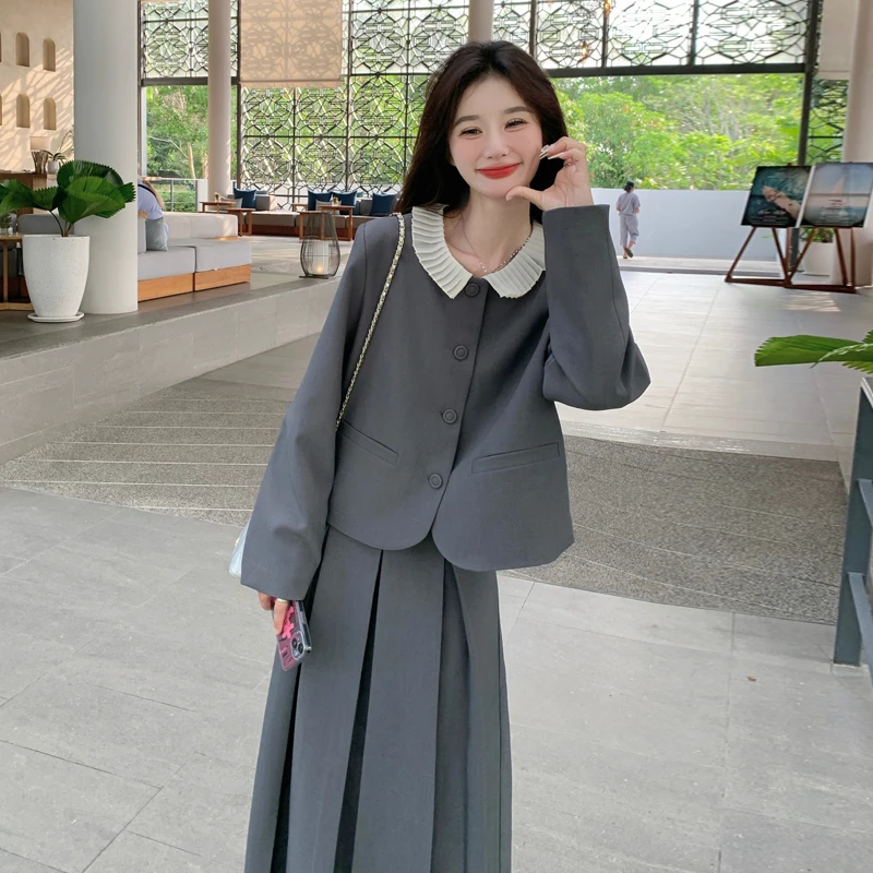 灰色韩版气质西装套装裙女春秋季2025新款高级感百褶半身裙两件套