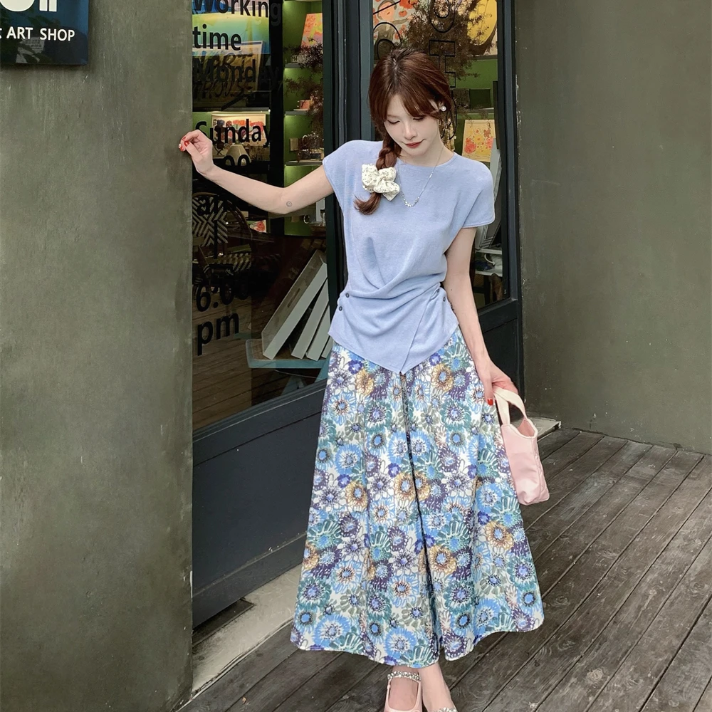 实拍大码女装胖MM2025新款洋气薄款圆领短袖T恤碎花半身裙两件套