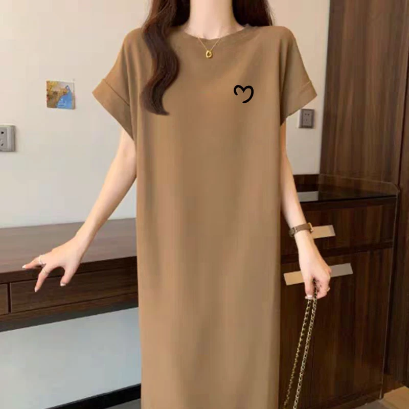 优质棉飞飞短袖正肩T恤长裙女夏季新款小众设计感宽松腰百搭显瘦