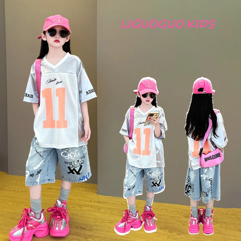 女童夏装套装2025新款儿童洋气休闲T恤中大童牛仔短裙裤两件套潮