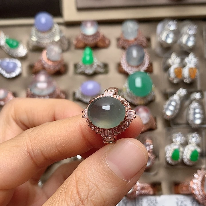 翡翠合金戒指翡翠高冰乌鸡戒面