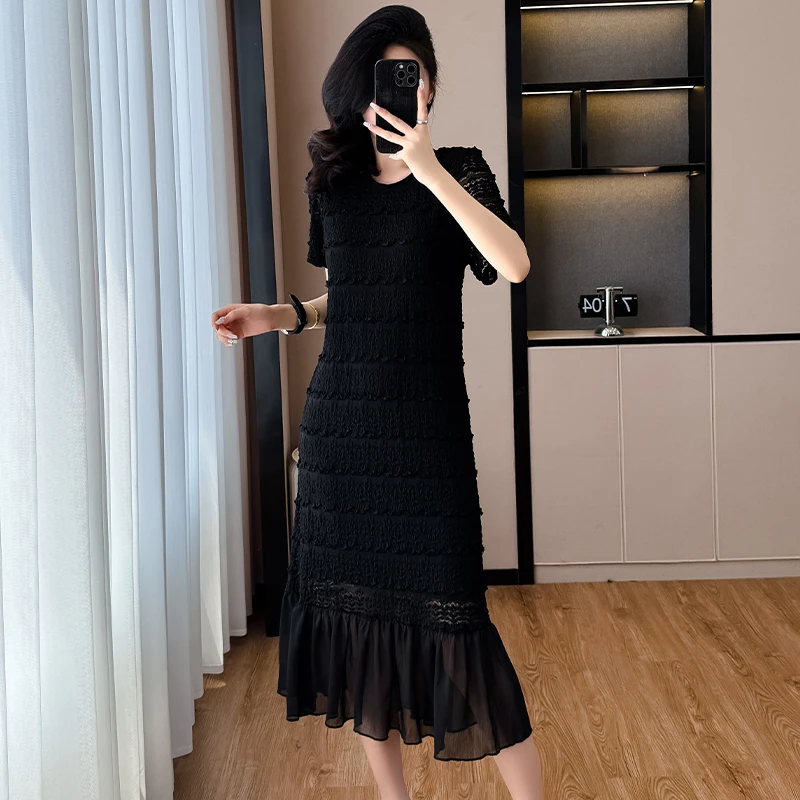 高端轻奢蕾丝肌理感2025夏季新品大码法式优雅气质圆领超显瘦裙子