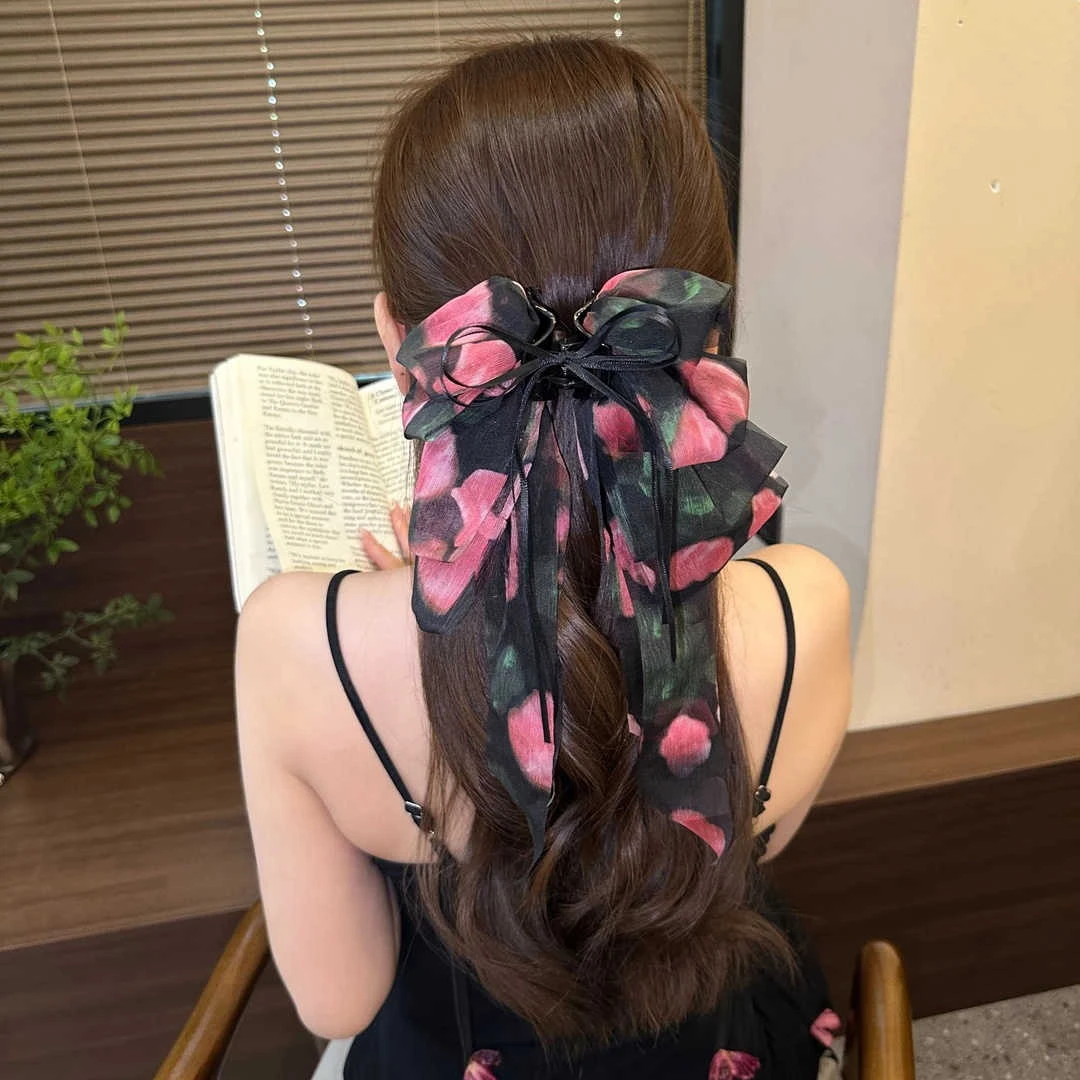 玫瑰法式浪漫碎花飘带蝴蝶结马尾抓夹女高级感发夹后脑勺气质头饰