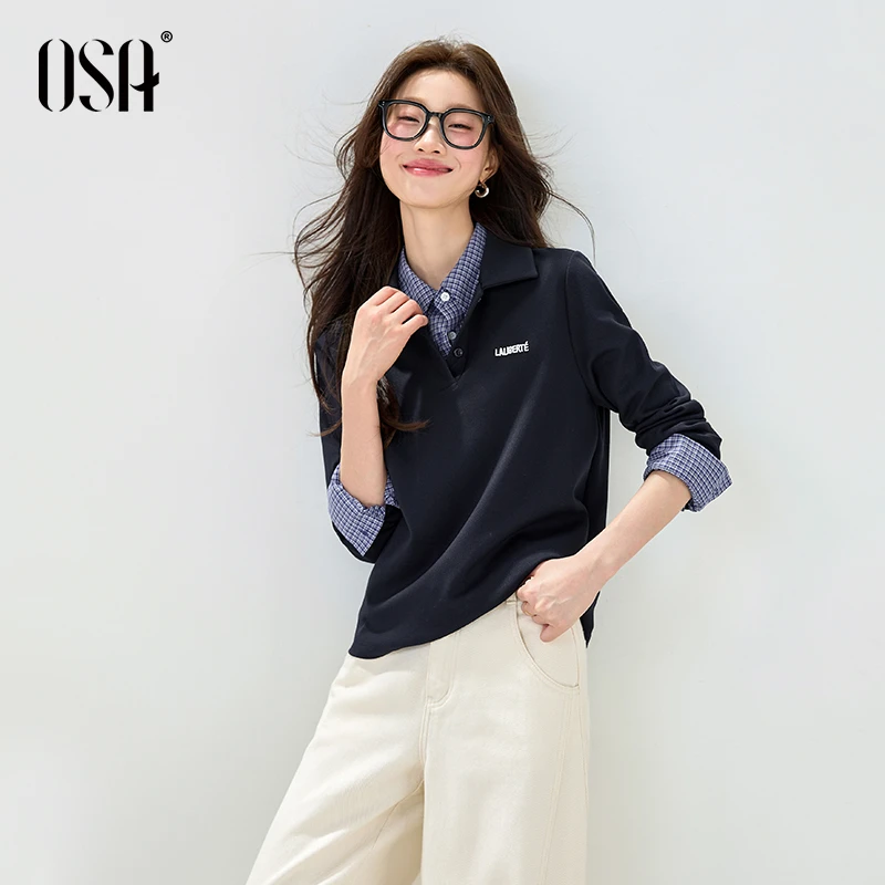 OSA/欧莎 U系翻领长袖T恤女通勤休闲叠穿打底衫上衣S125C32007