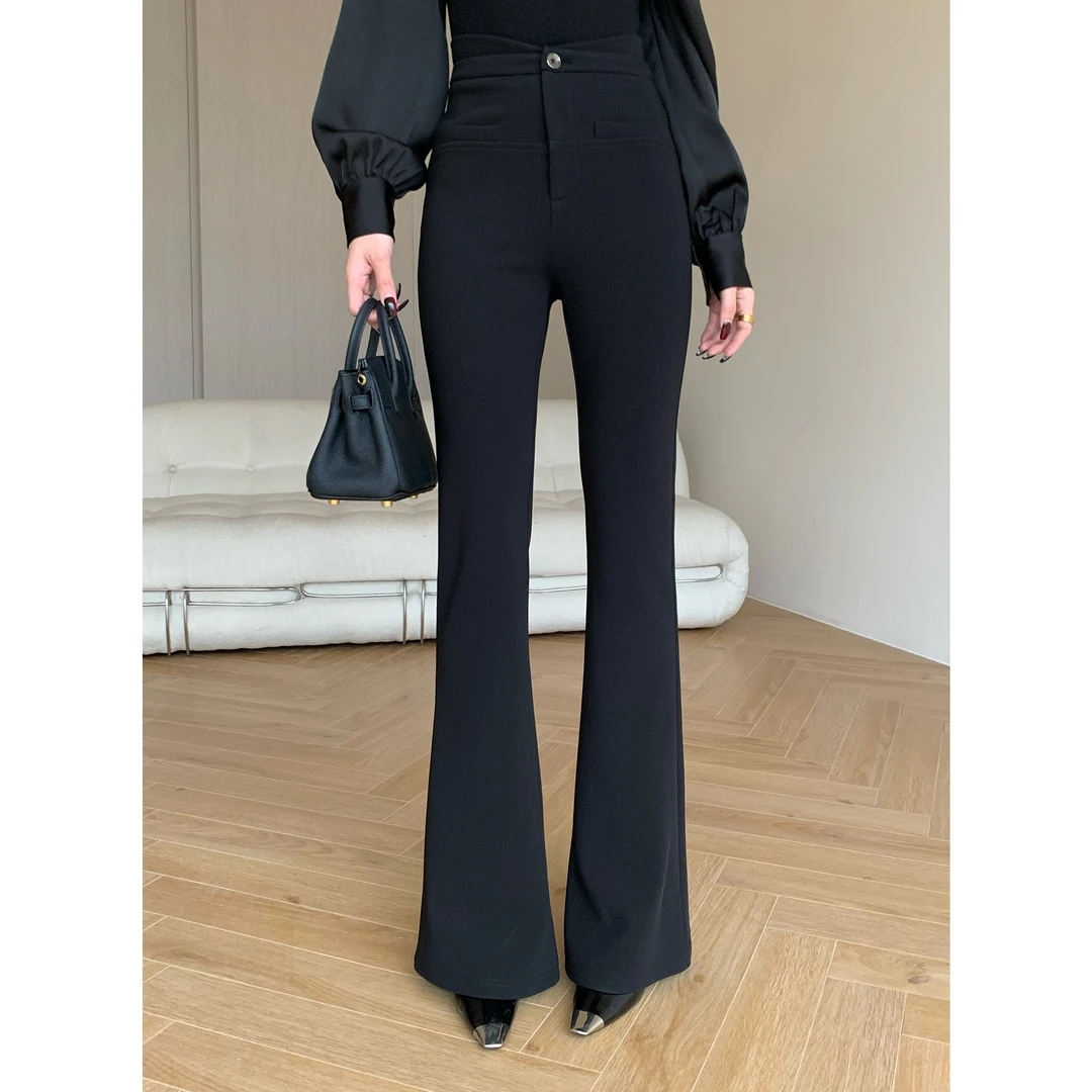 JIJINQI春秋时尚显瘦黑色高腰微喇叭修身垂感休闲裤女JC12KZPT745