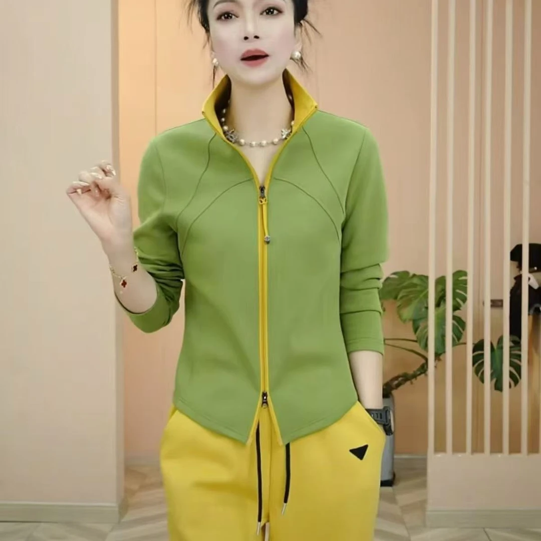 2025春季新款女士上衣开衫纯色洋气百搭休闲修身显瘦拼色拉链小衫