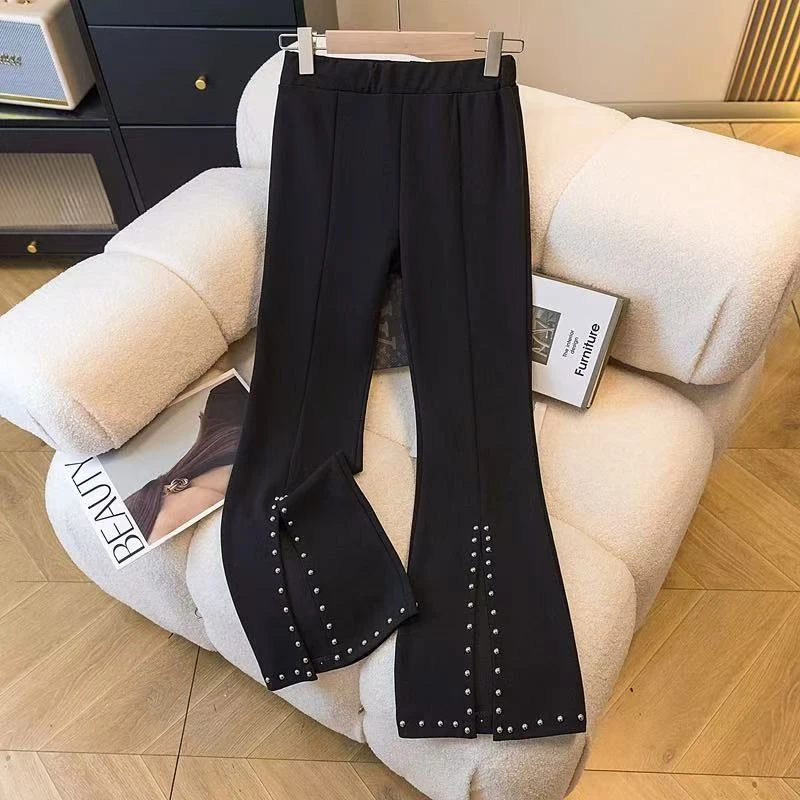 黑色开叉微喇叭裤子2025大码胖mm设计感重工钉珠高腰休闲裤129
