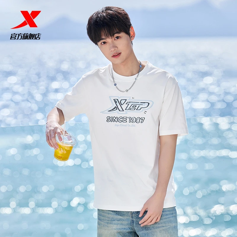 纯棉T恤特步休闲短袖2025夏季新款男女舒适运动上衣户外百搭T恤-D