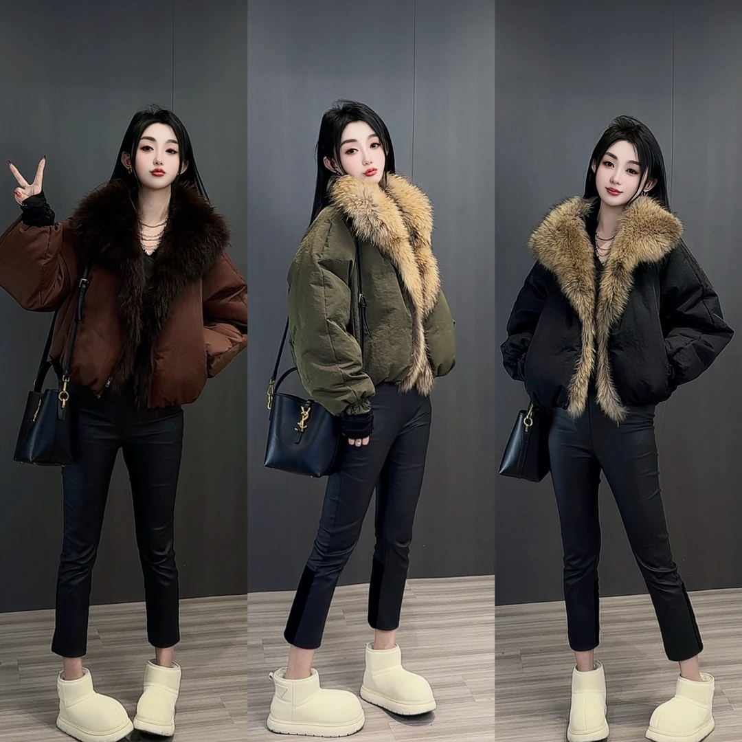 【现货】可拆卸貉子毛大毛领羽绒服女白鸭绒短款外套2025面包服派克