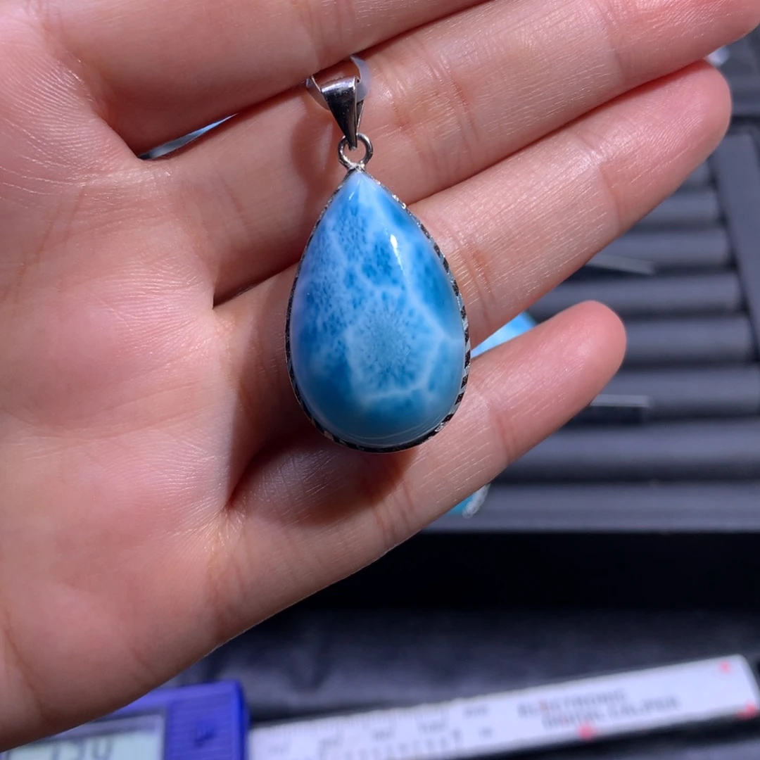 针钠钙石（海纹石）银S925镶嵌吊坠(不含链)水滴吊坠色差略异