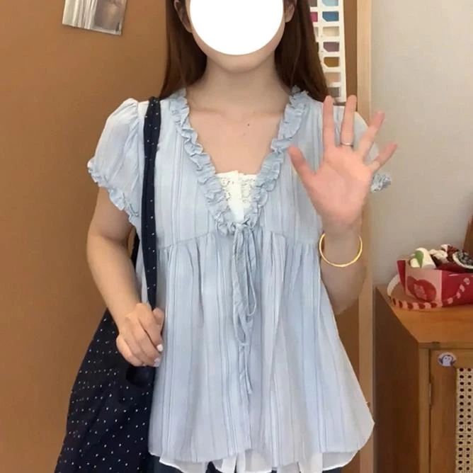 韩系花边蓝色蝴蝶结系带短袖衬衫女夏款条纹小衫假两件设计感上衣