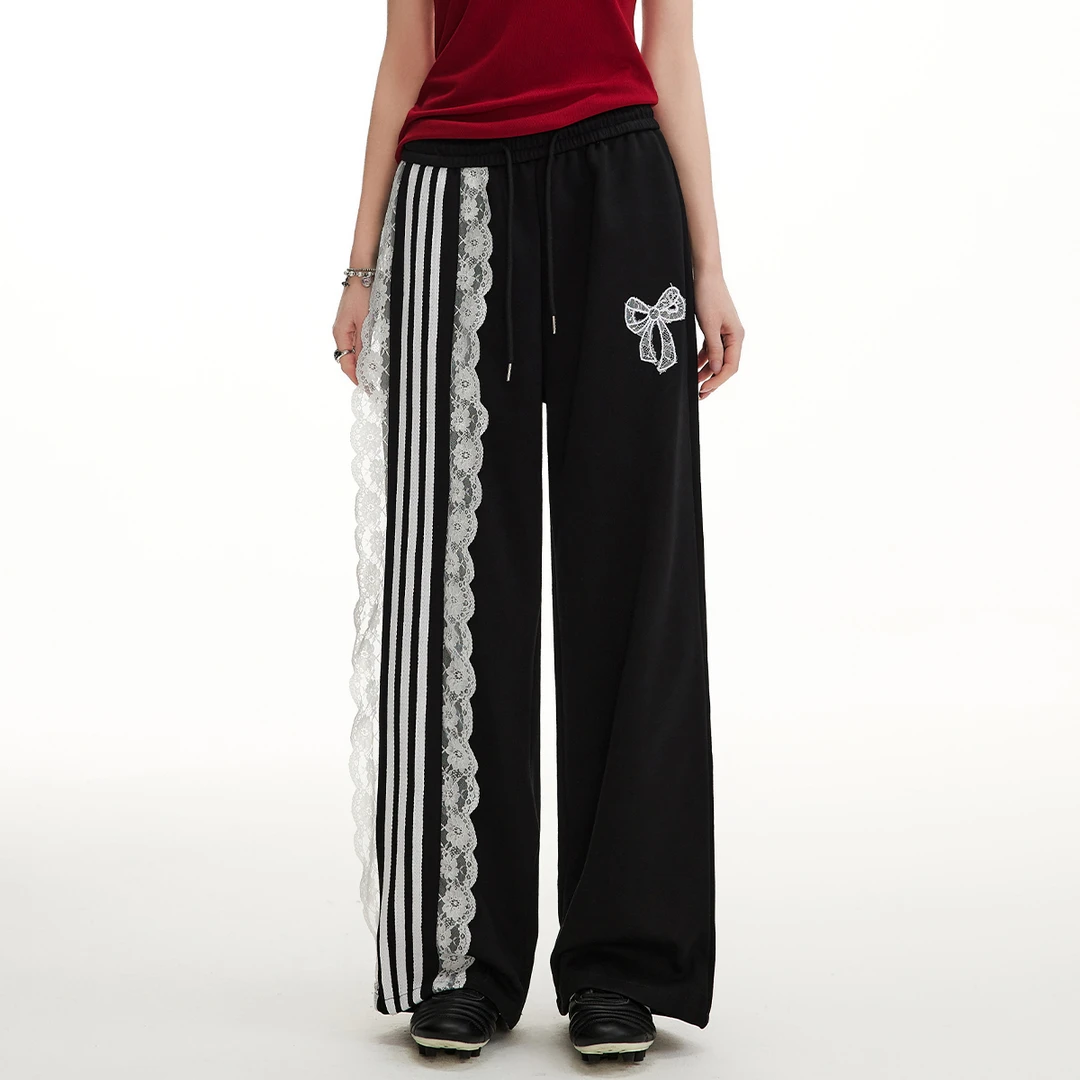 unifree【25年春】美式复古休闲裤蕾丝拼接杠条百搭运动卫裤