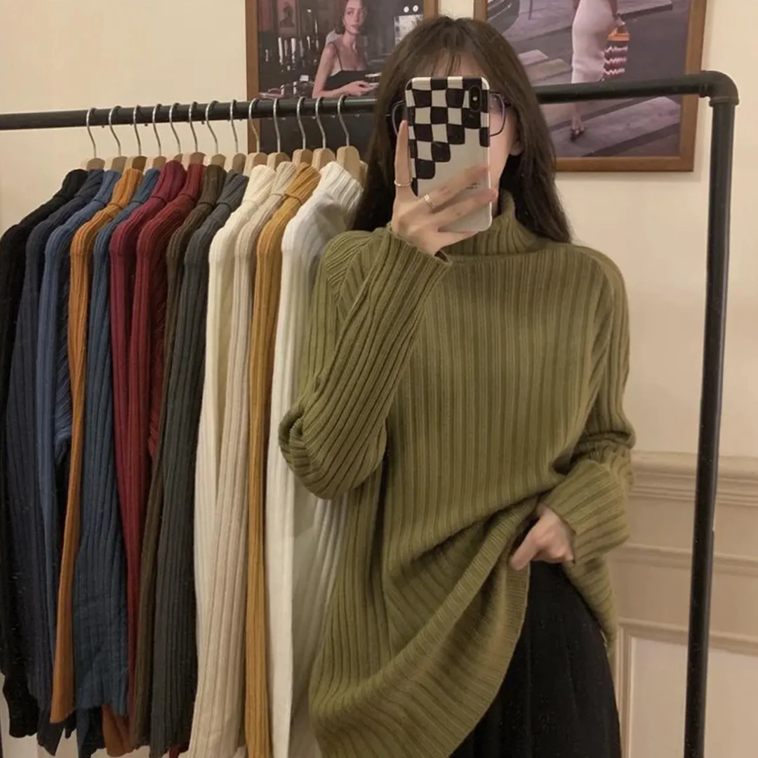 【80-190斤】中长款高领宽松显瘦百搭韩版慵懒秋冬网红针织毛衣气质