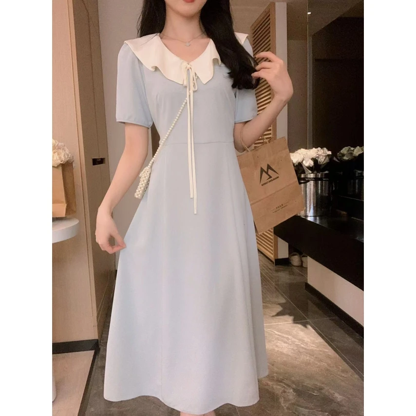 【年末青仓】安璃 蓝白撞色夏日收腰长裙 60091